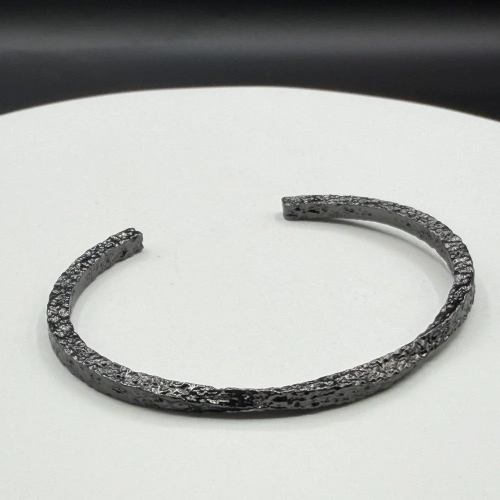 Gunmetal Silver Tone Textured Open Cuff Bracelet Gothic Boho Statement Jewelry